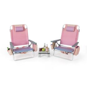 2 Packs 5-Position Outdoor Folding Backpack Beach Table Chair Reclining Chair Set (Color: pink)